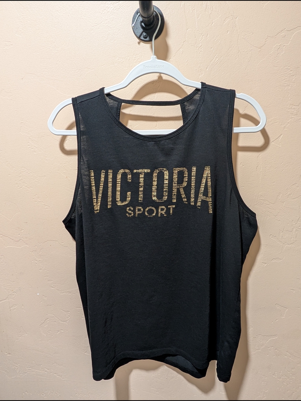 EUC Women's Victoria Secret Sport Black Tank with Gold Logo and Open Back XL
